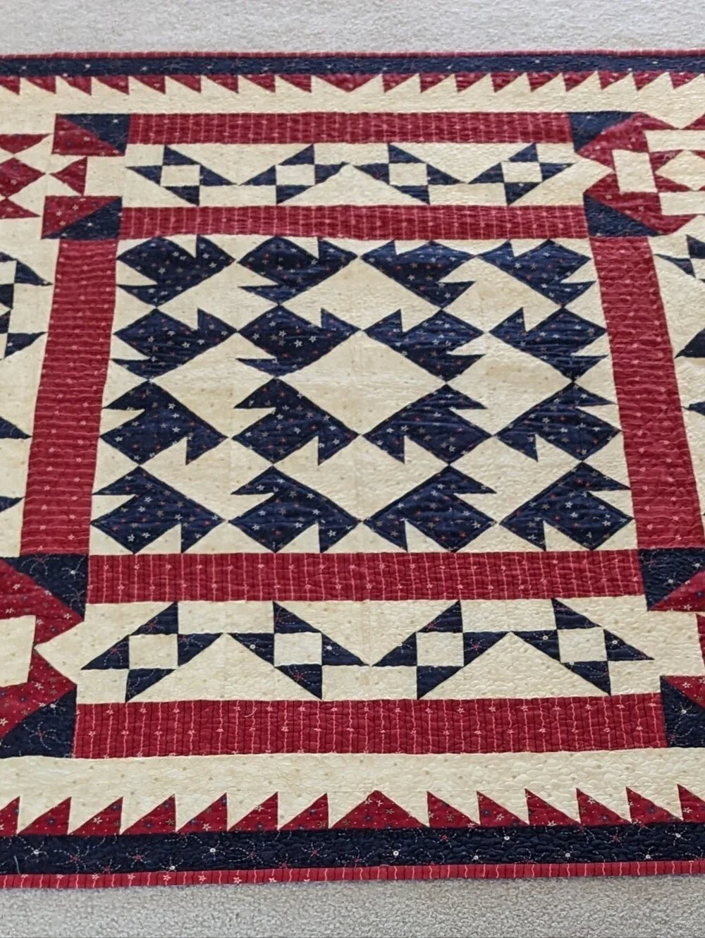 Patriotic Themed Quilt, Reds, Blues And Off-white Fabrics. Quilted And Signed